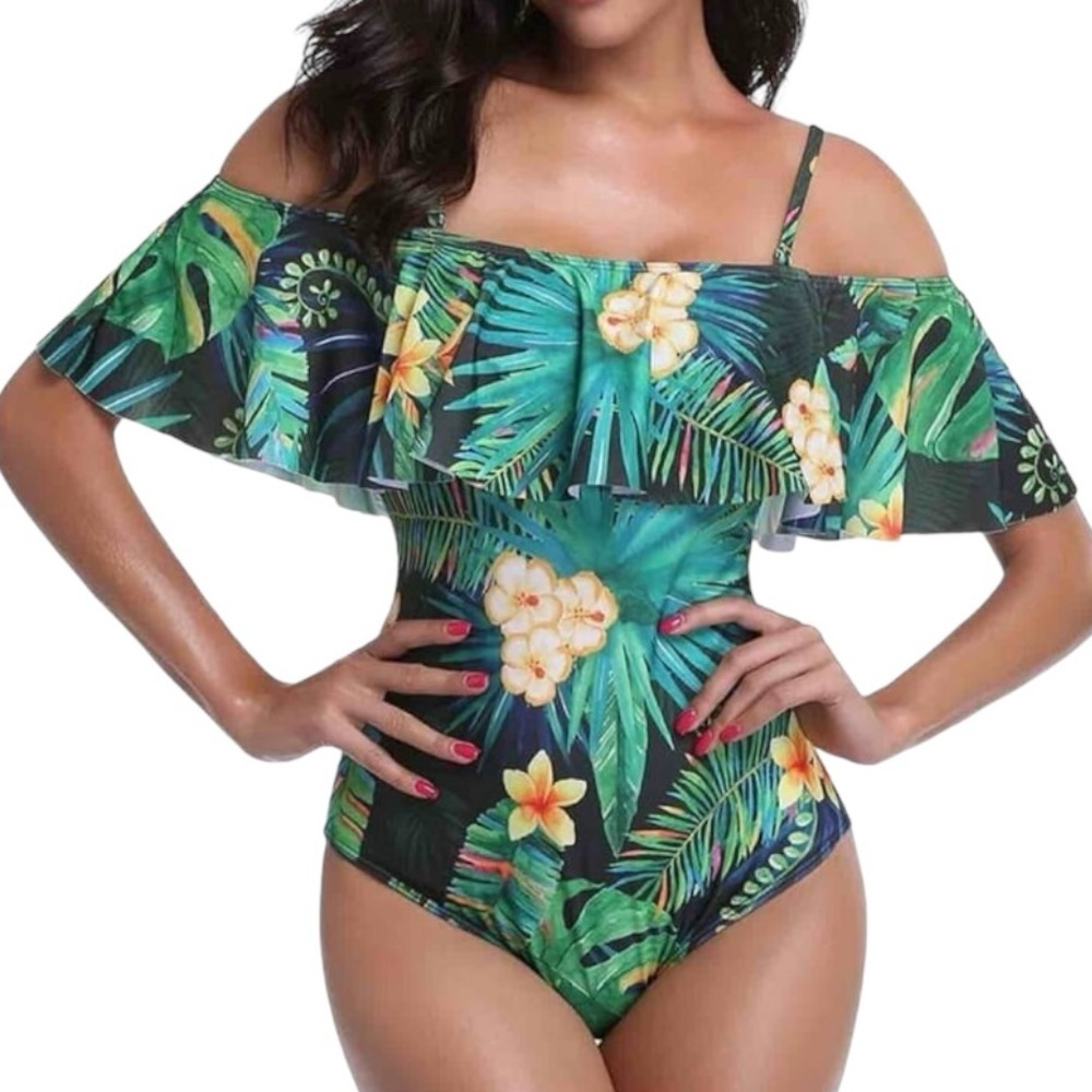 Tropical Floral Off Shoulder Ruffle One Piece Swimsuit Bathing Suit Womens Small